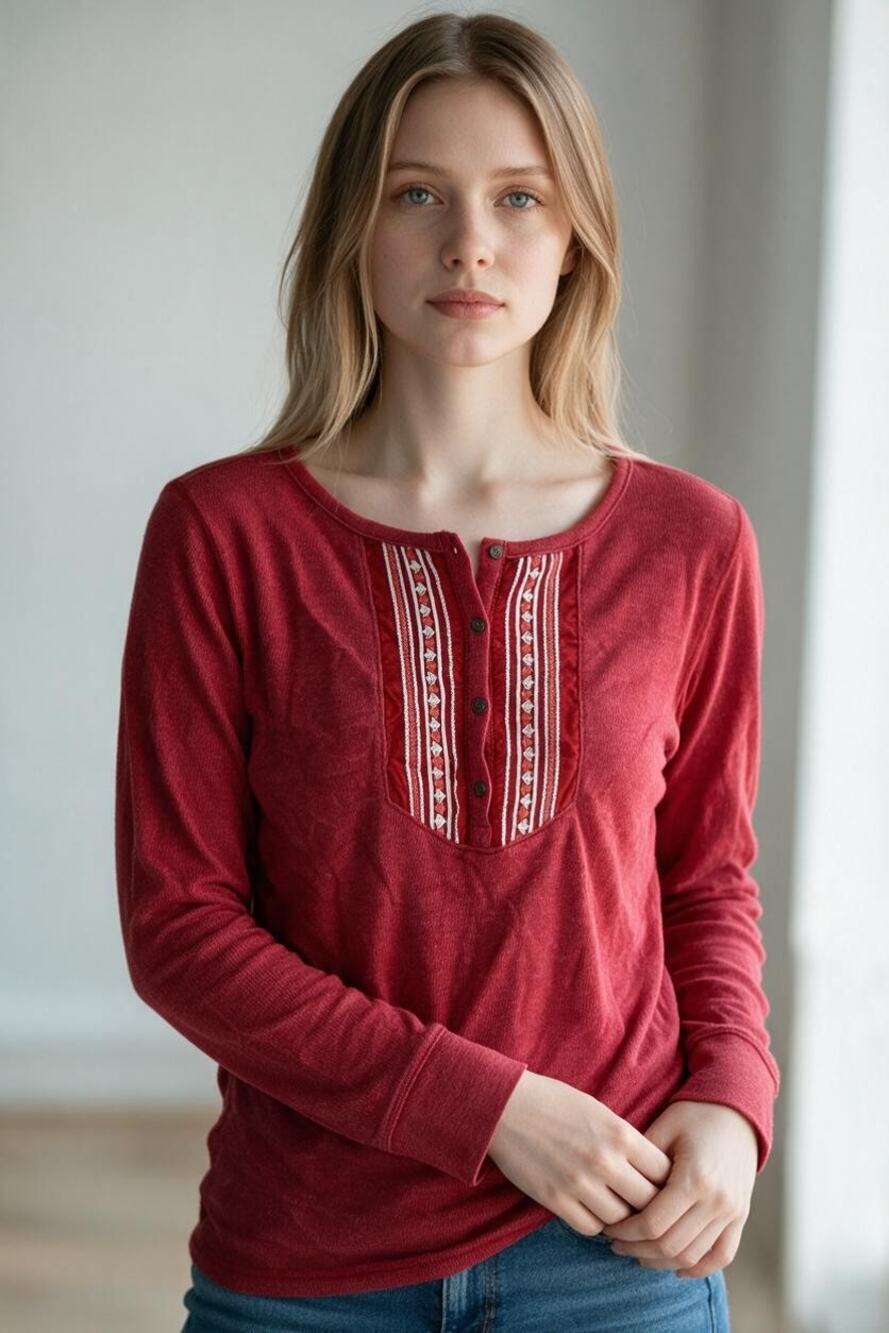 EDDIE BAUER Top Size XL Red Embroidered V Neck Buttons Long Sleeve Outdoor